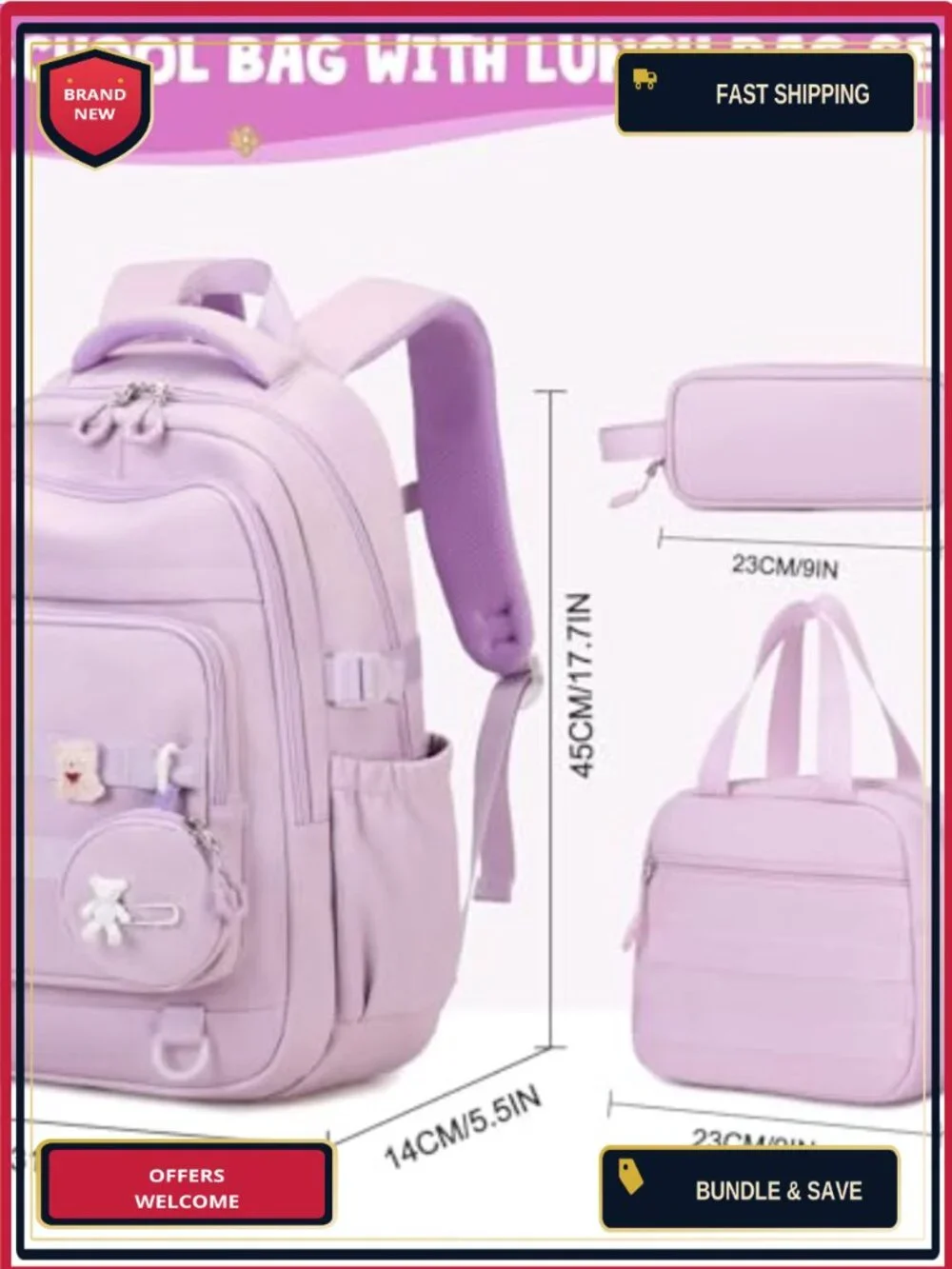 Girls Backpack Set with Lunch Bag Pencil Pouch Waterproof Nylon Laptop Bookbag